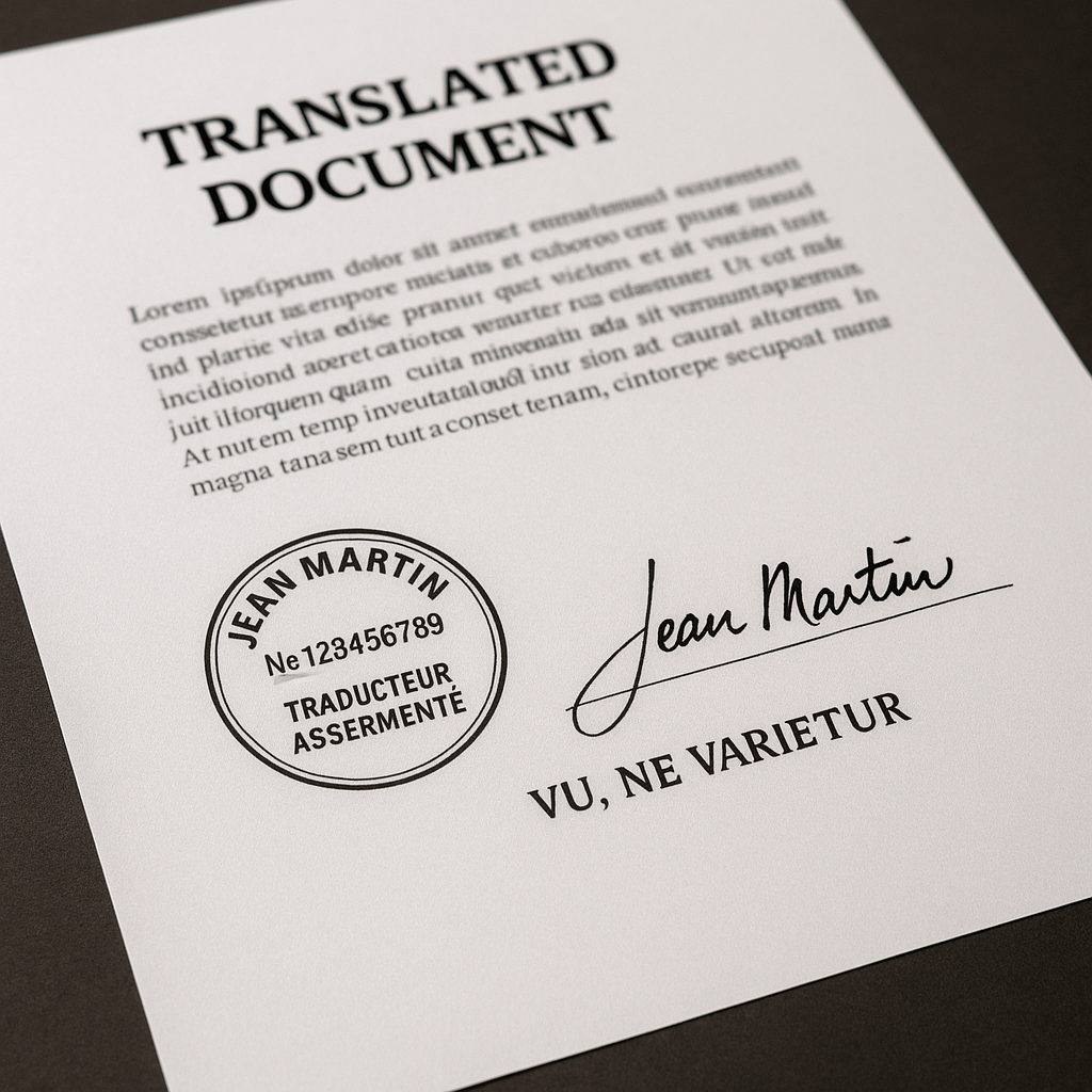 Traducteur agréé vérifiant son cachet officiel pour traduction certifiée – DocuTrad