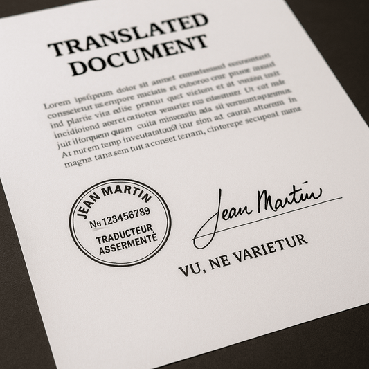 Traducteur agréé vérifiant son cachet officiel pour traduction certifiée – DocuTrad