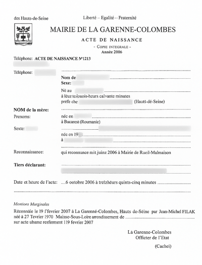 Acte de naissance français en copie intégrale, données personnelles masquées – DocuTrad